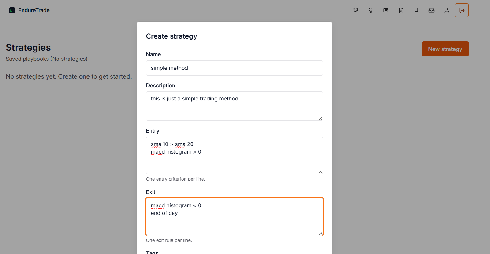 Defining a strategy with rules in the web app